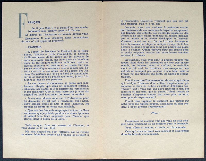 Tract anniversaire de la prise de fonction du Maréchal Pétain