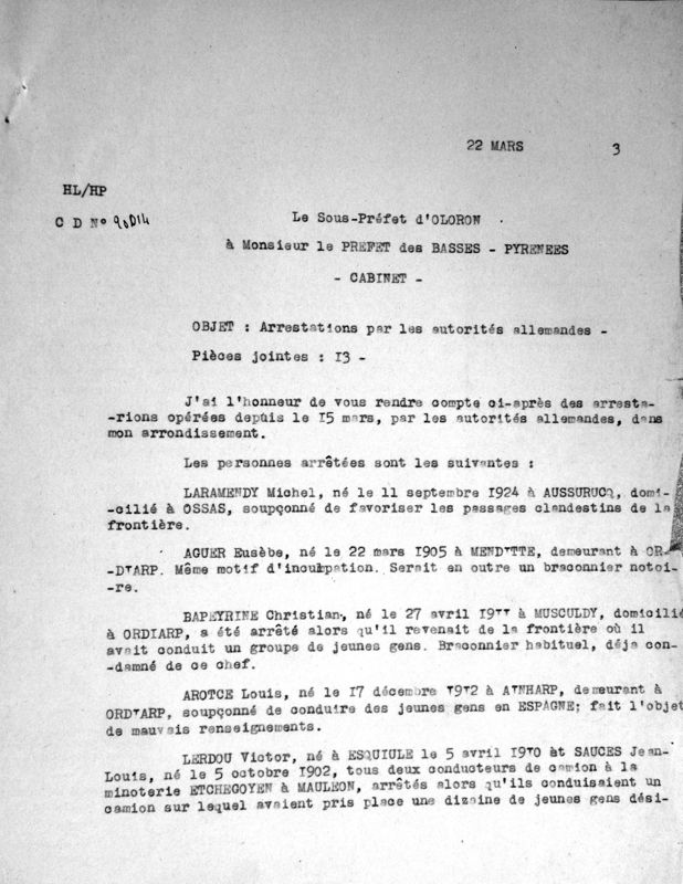 Rapport du sous-préfet d'Oloron sur des arrestations effectuées par les autorités allemandes en Soule et en Béarn