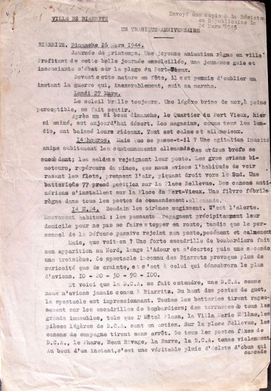Récit du bombardement : copie d'un article envoyé au journal La Résistance républicaine mars 1945