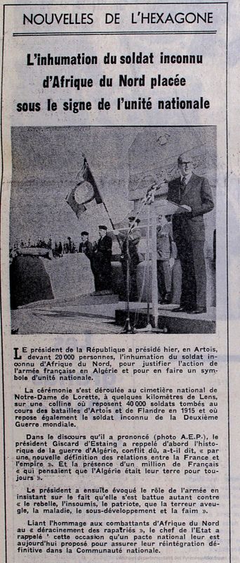 Valérie Giscard d'Estaing préside la cérémonie d'inhumation du soldat inconnu de la guerre d'Algérie