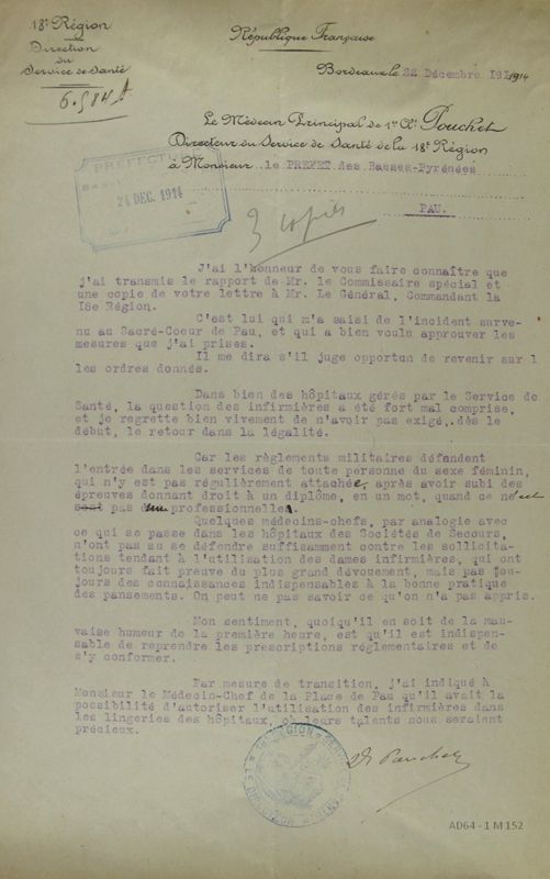 Document 3 - Lettre du directeur du service de santé militaire à Bordeaux au préfet, le 22 décembre 1914 (1 M 152)