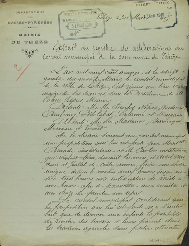 Document 2 (1/2) - Délibération du conseil municipal de Thèze, 24 mars 1915 (1 T 5)