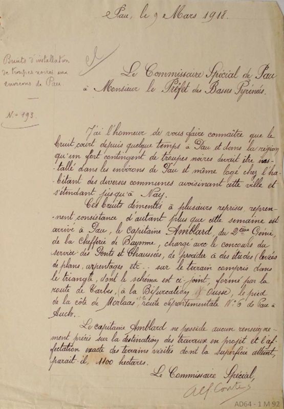 Document 2 - Lettre du commissaire spécial de Pau au préfet concernant la rumeur d'une installation à proximité de Pau d'un "fort contingent de troupes noires", 9 mars 1918 (1 M 92)