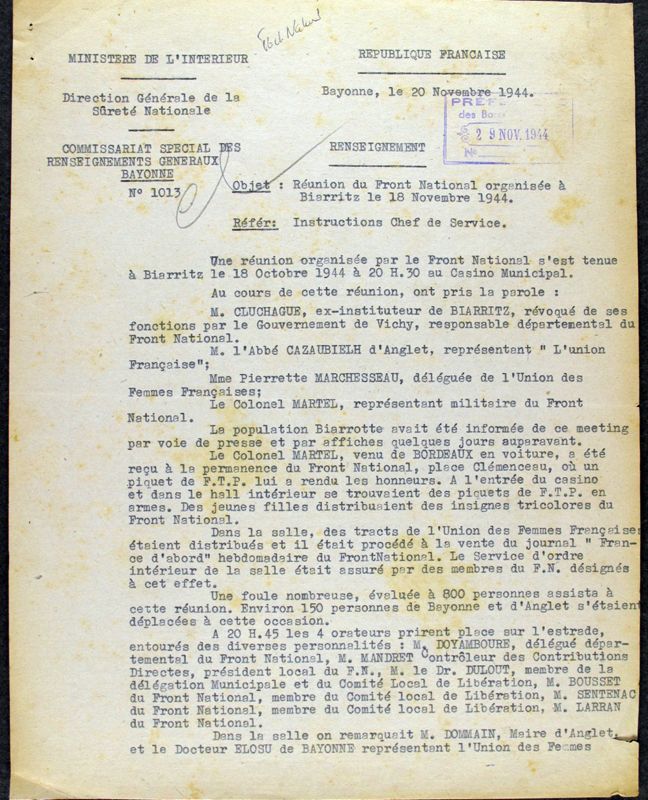 Rapport du sous-préfet de Bayonne relatif à la réunion du Front national à Biarritz le 18 novembre 1944