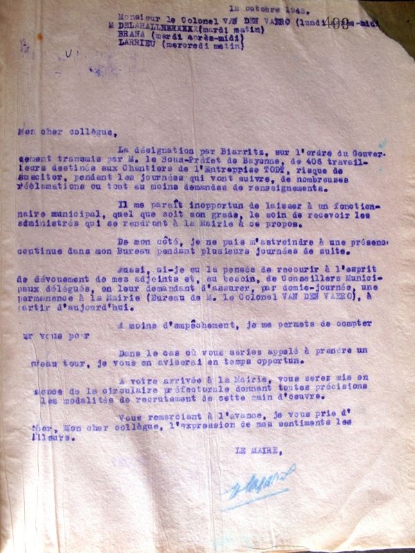 Lettre du maire de Biarritz relative à la désignation de 406 travailleurs pour l'organisation Todt