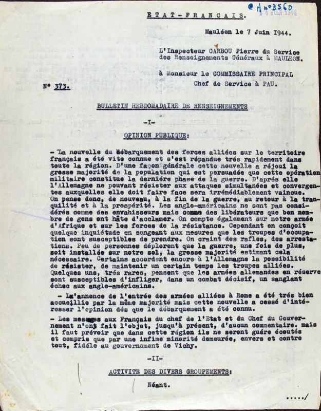 Rapport du commissaire Carbou du 7 juin 1944