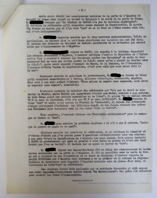 Surveillance des réunions politiques dans le cadre de la campagne électorale du référendum sur l'autodétermination du 8 janvier 1961