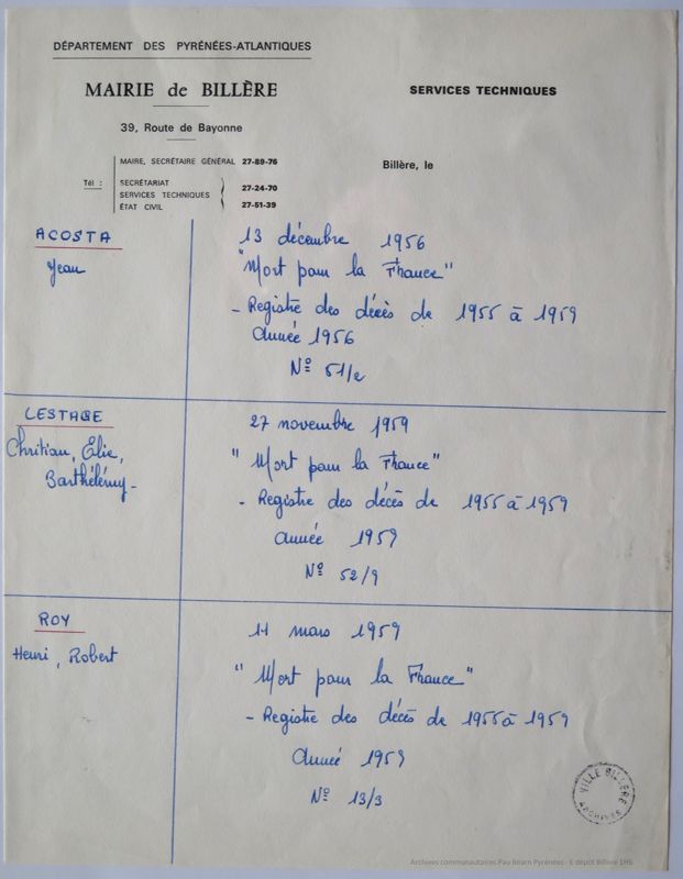 Liste des morts pour la France entre 1956 et 1959 établie à Billère pour l'édification d'un monument aux morts