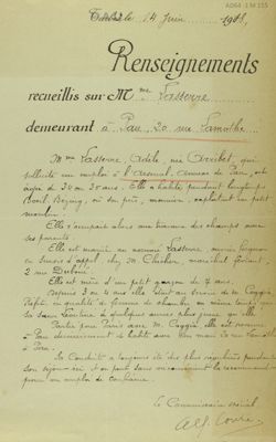 Document 3 - Fiche de renseignements sur Mme Lasserre, 14 juin 1918 (1 M 155)