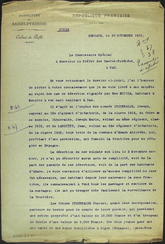 Document 2 (1/2) - Rapport du commissaire spécial de police d'Hendaye sur un déserteur, 30 novembre 1916 (2 Z 77)