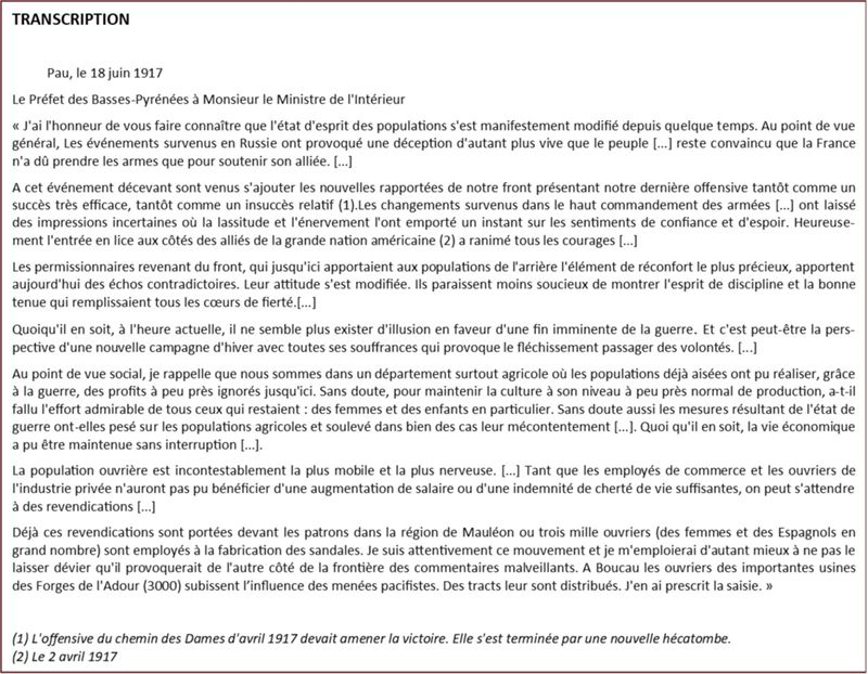 Document 1 - Rapport du préfet des Basses-Pyrénées sur l'état d'esprit de la population dans son département (transcription - 1 M 119)