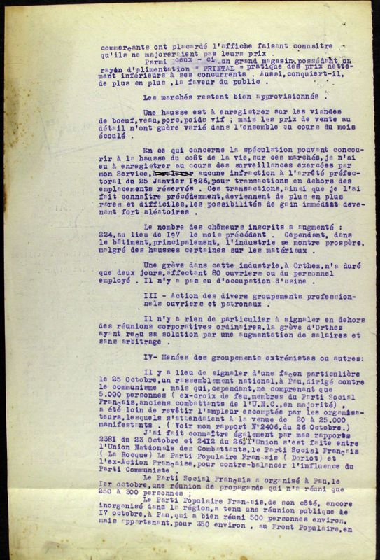 Rapport mensuel sur l'opinion publique édité par le commissariat spécial de Pau, 5 novembre 1936